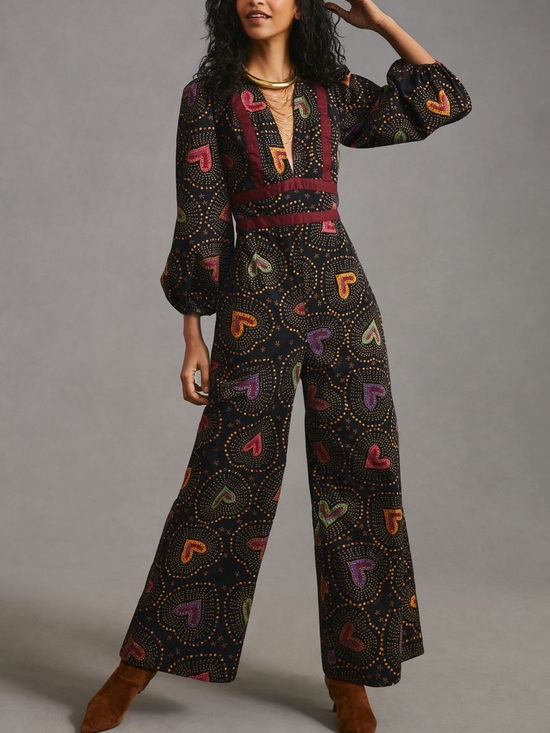FARM Rio Pants - Farm Rio Deep V Heart-Print Wide-Leg Jumpsuit Size L NWT
